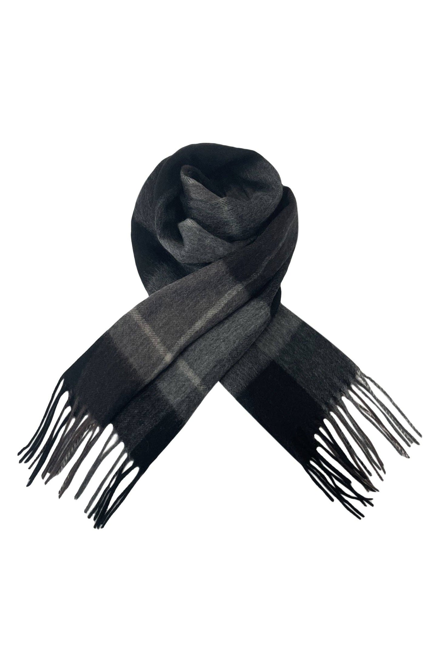 Unisex Stripe Check Wool Tassel Scarf: Black