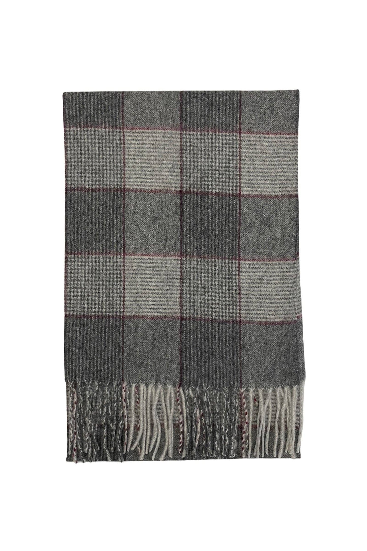 Houndstooth And Stripe Check Wool Tassel Scarf: Grey