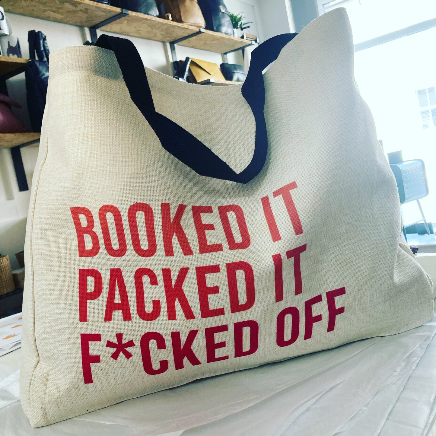 booked it, packed it... large linen style bag image 1