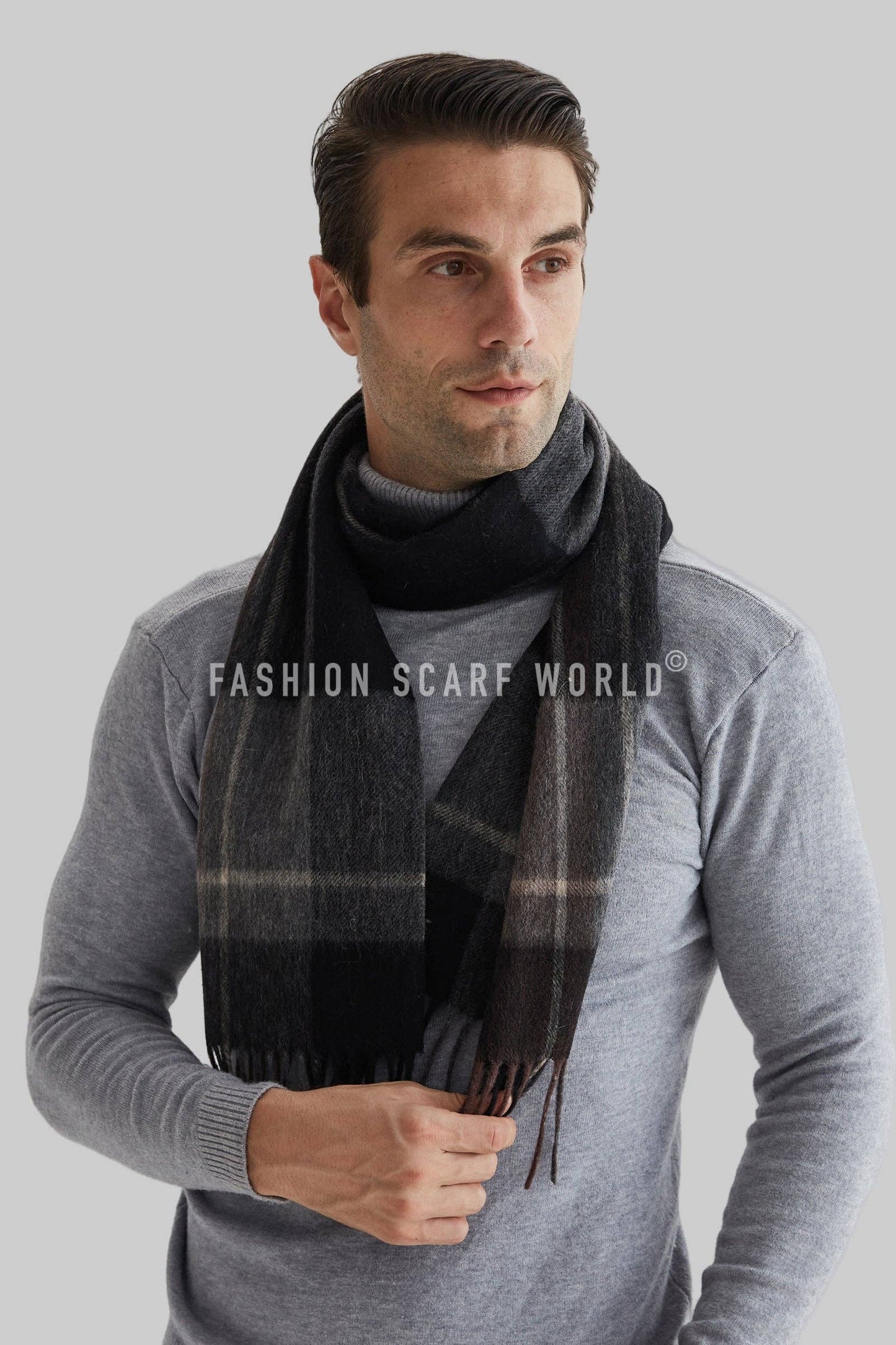 Unisex Stripe Check Wool Tassel Scarf: Black