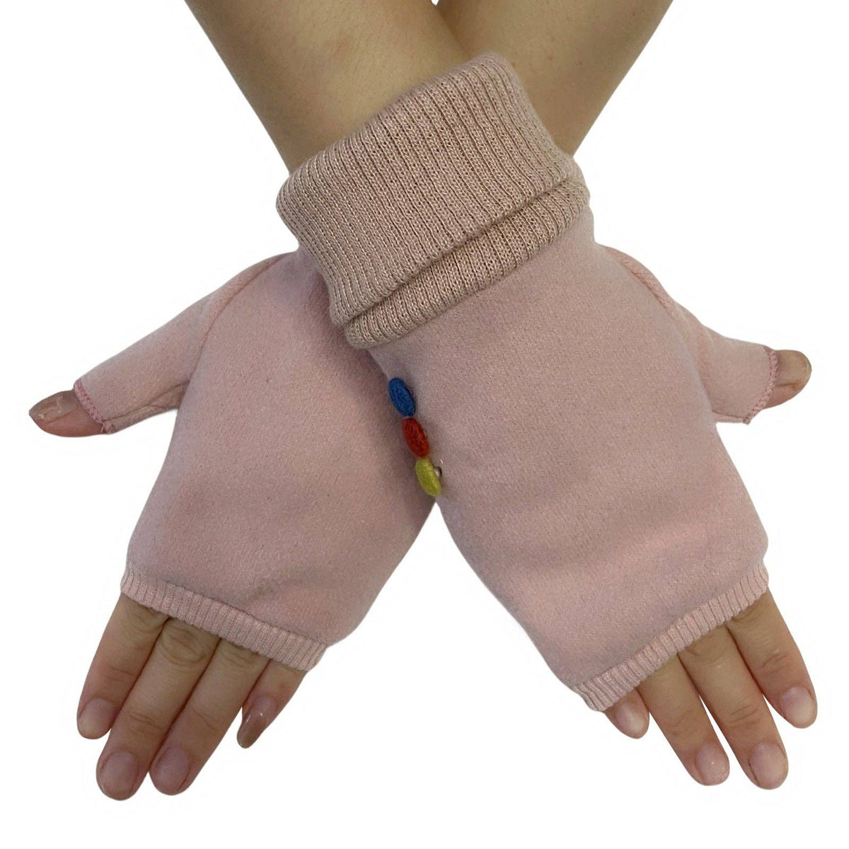 Elasticated Plain Button Fingerless Gloves: Light Pink