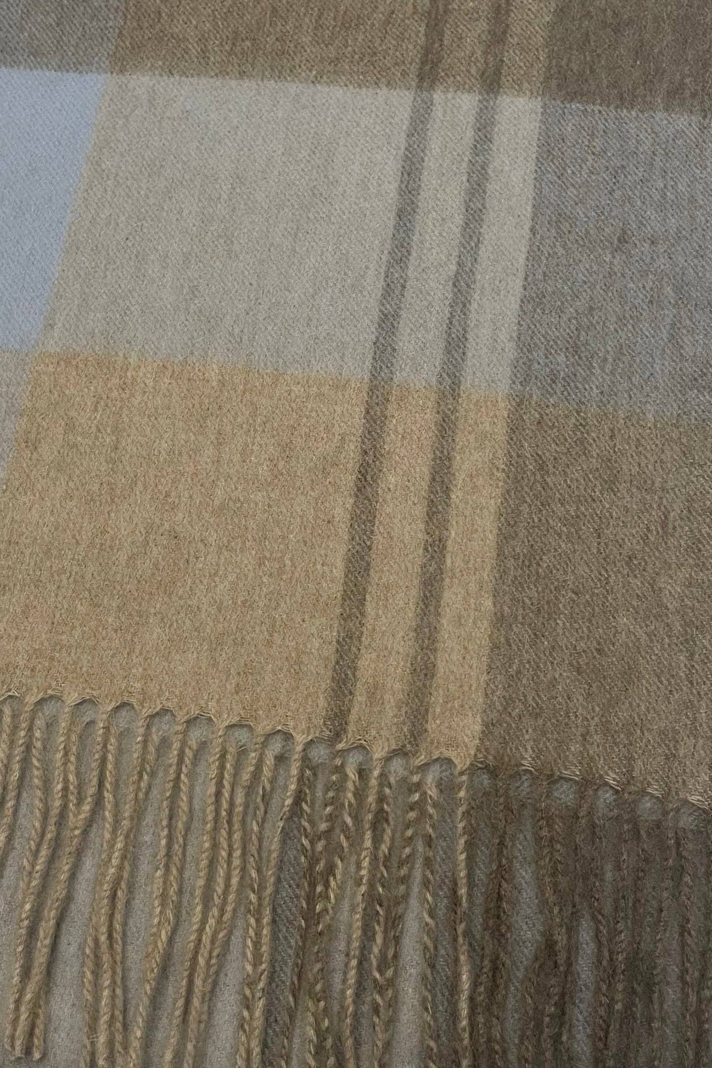 Large Check Wool Tassel Scarf: Sky Blue / Coffee