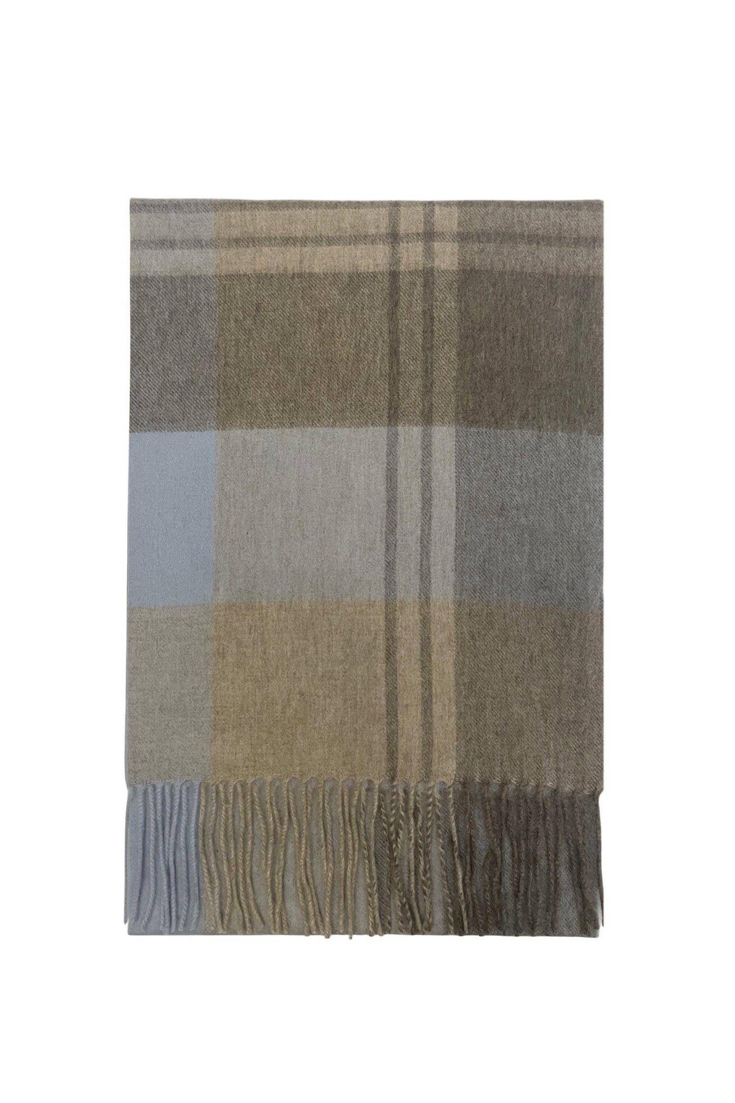 Large Check Wool Tassel Scarf: Sky Blue / Coffee