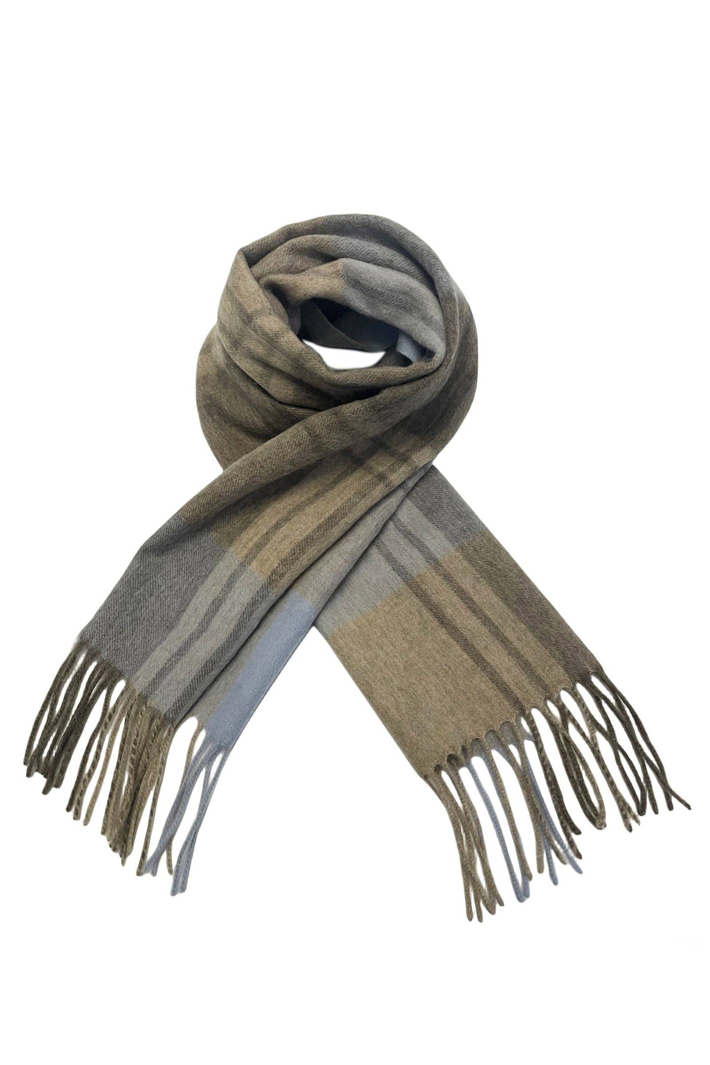 Large Check Wool Tassel Scarf: Sky Blue / Coffee