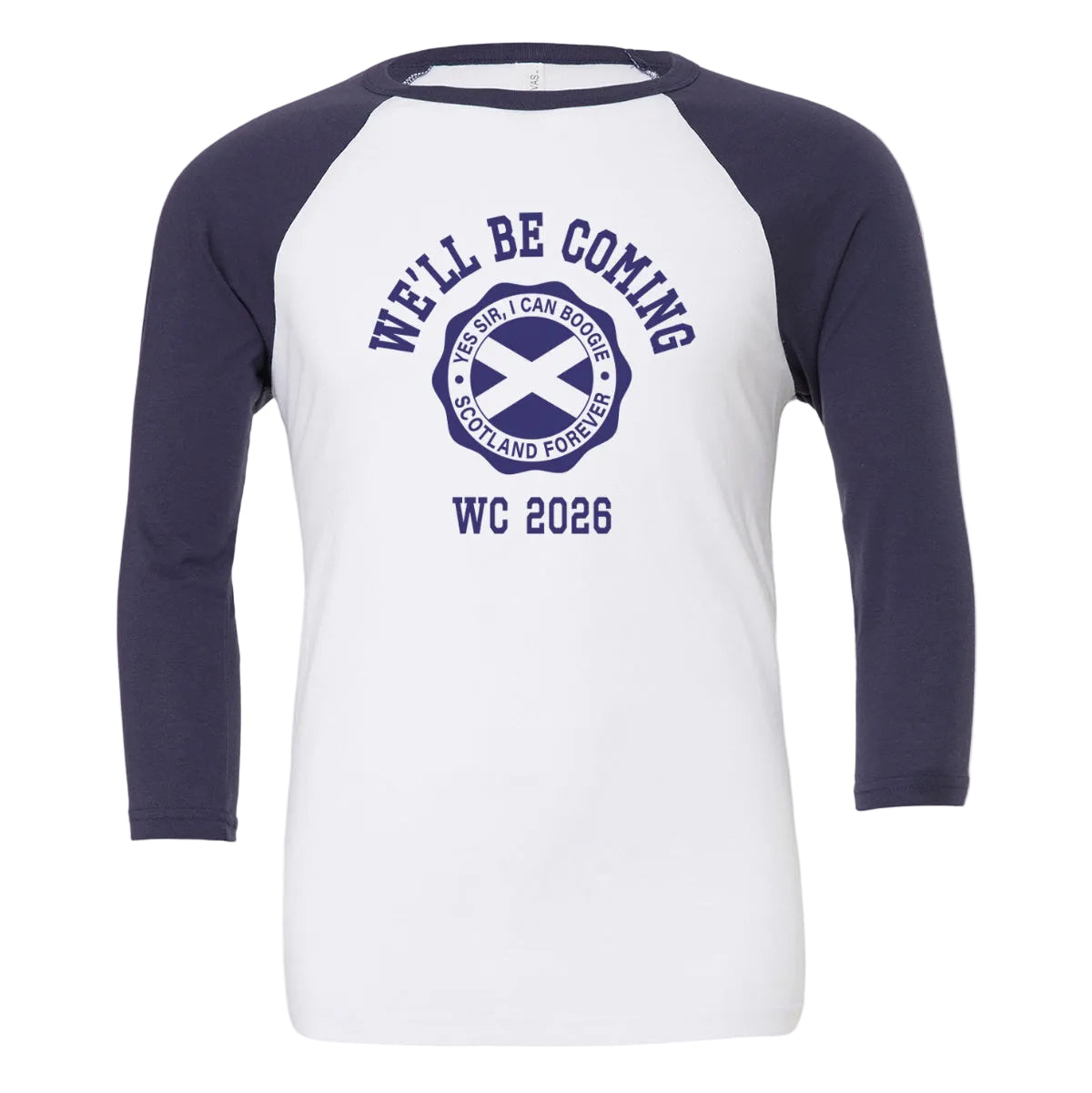 We'll be coming. Unisex, white with navy ¾ sleeve baseball t-shirt