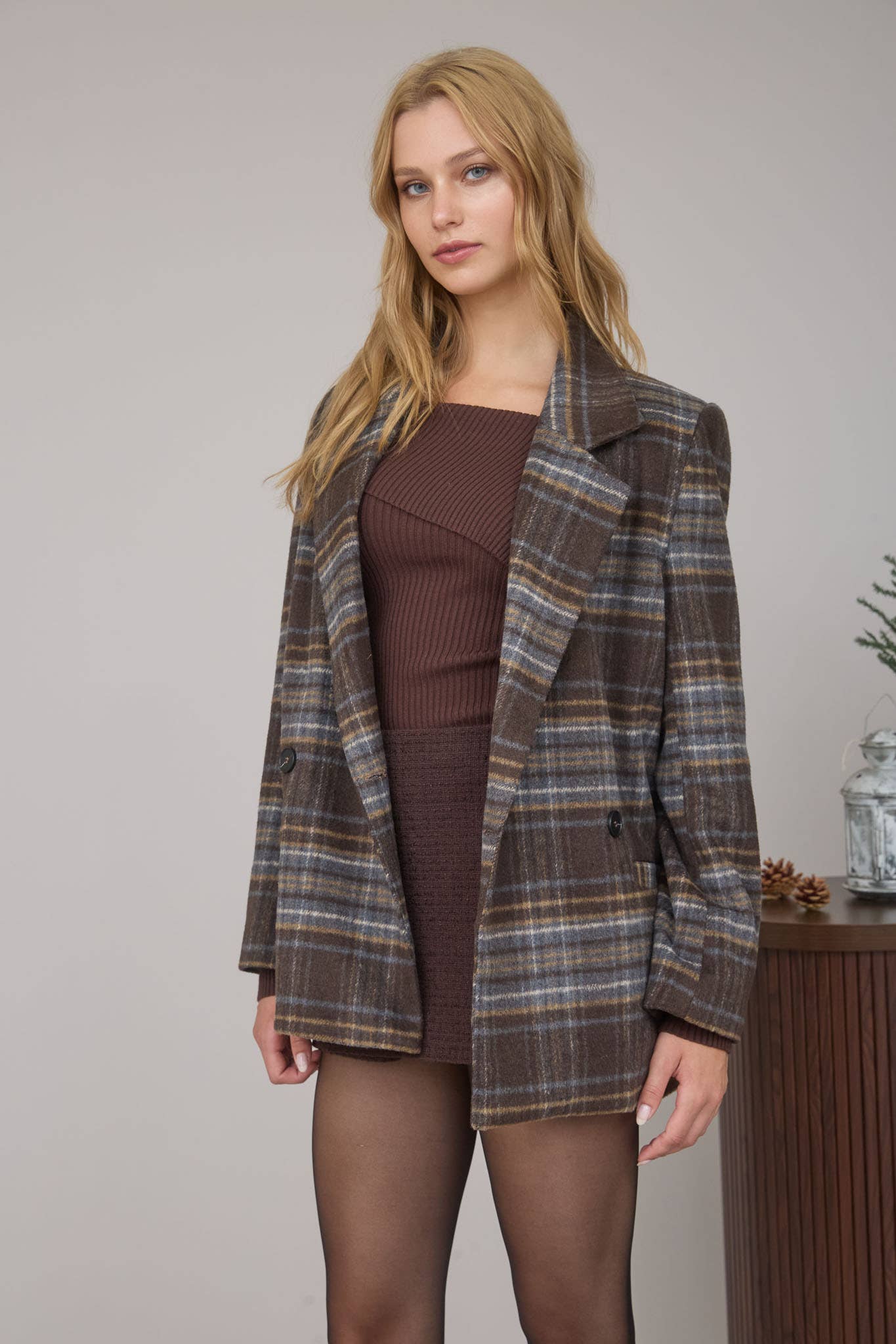Plaid Notch Lapel Double Breasted Blazer