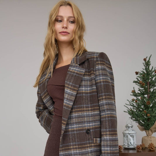 Plaid Notch Lapel Double Breasted Blazer