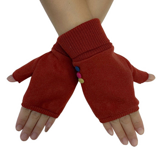 Elasticated Plain Button Fingerless Gloves: Burnt Orange