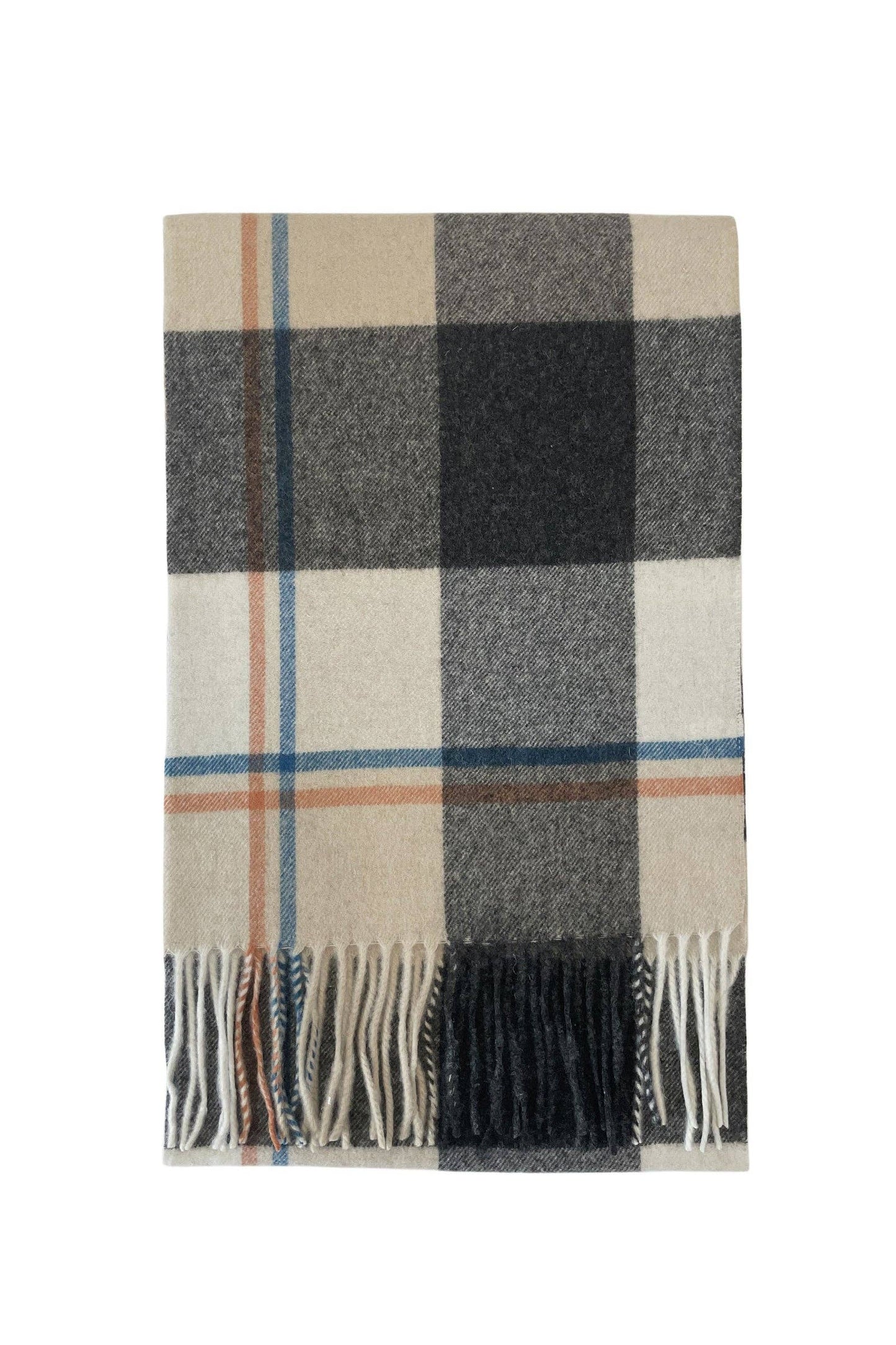 Block Check Wool Tassel Scarf: Black / Beige