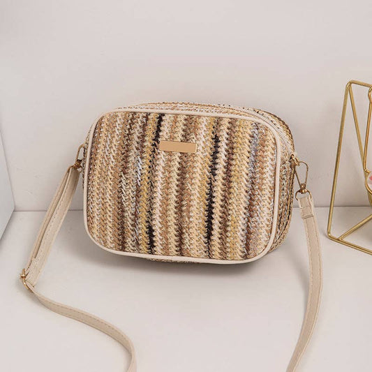 Beige, Multicolour PVC Straw Striped Pattern Camera Bag.