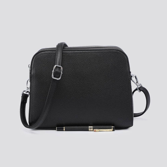 Vegan Leather Triple Compartment Crossbody Bag: Black