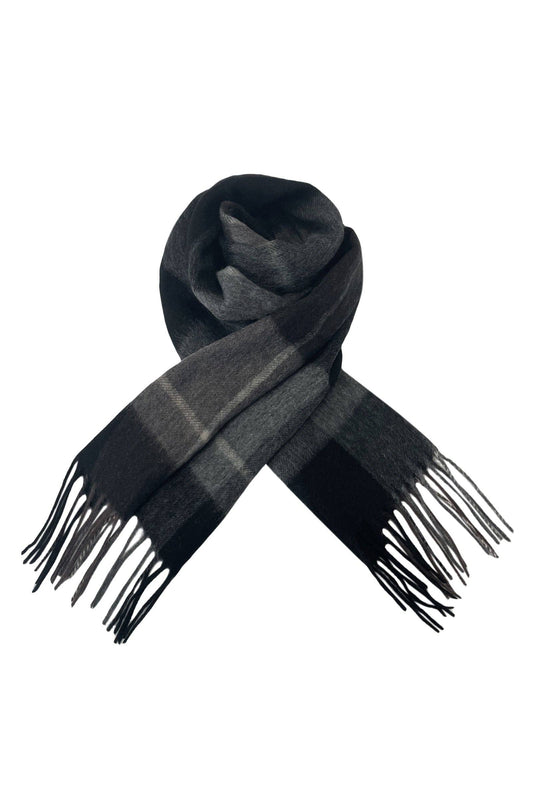 Unisex Stripe Check Wool Tassel Scarf: Black