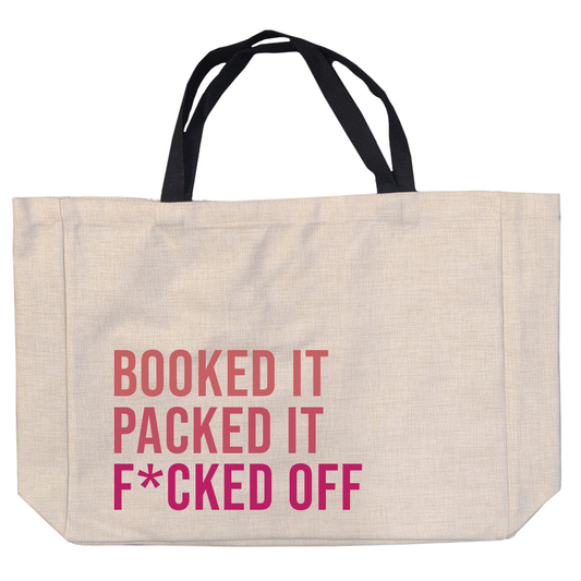 booked it, packed it... large linen style bag image 0