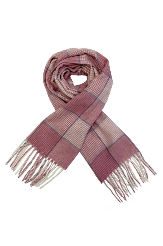 Houndstooth And Stripe Check Wool Tassel Scarf: Pink