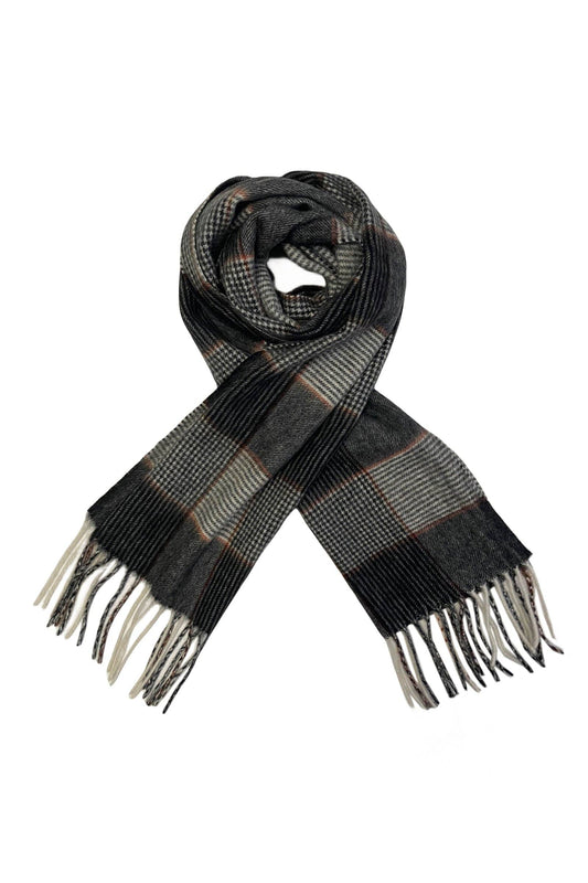 Houndstooth And Stripe Check Wool Tassel Scarf: Black