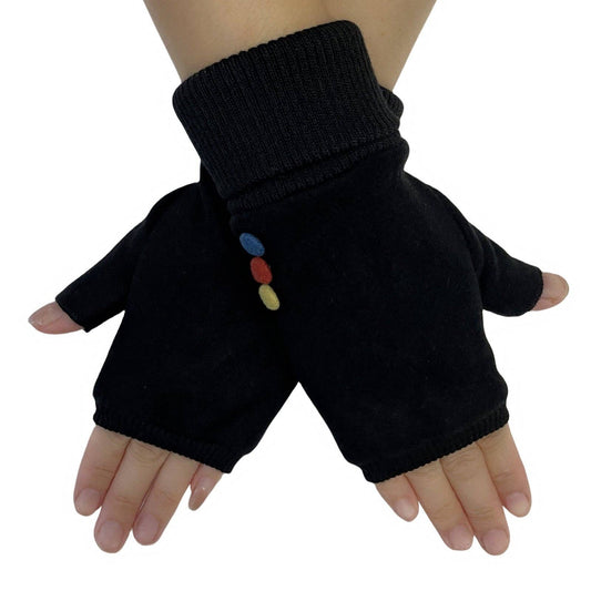 Elasticated Plain Button Fingerless Gloves: Black