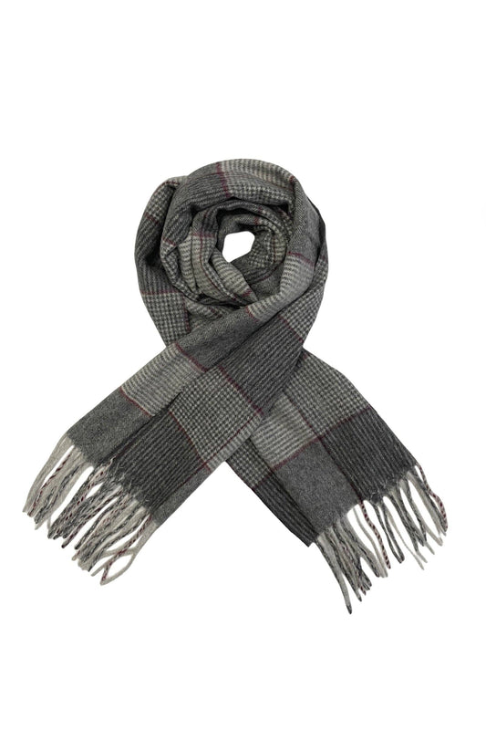 Houndstooth And Stripe Check Wool Tassel Scarf: Grey