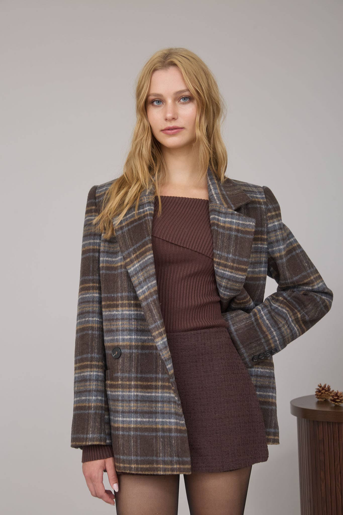 Plaid Notch Lapel Double Breasted Blazer