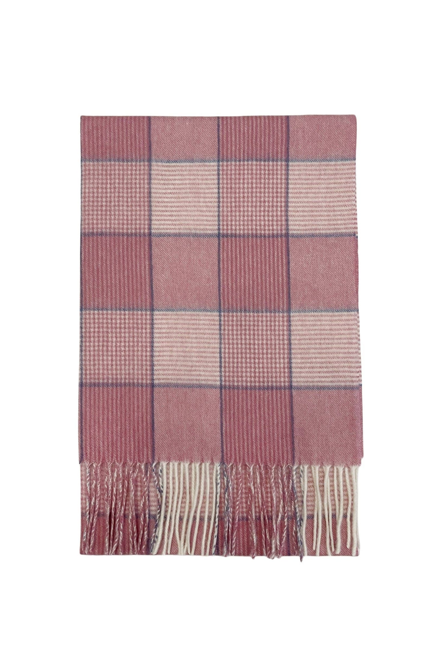 Houndstooth And Stripe Check Wool Tassel Scarf: Pink