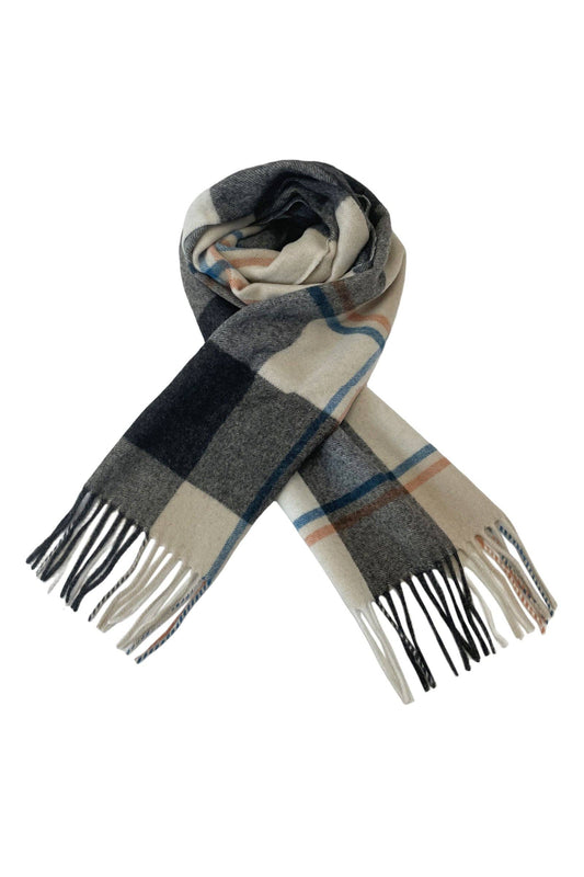 Block Check Wool Tassel Scarf: Black / Beige