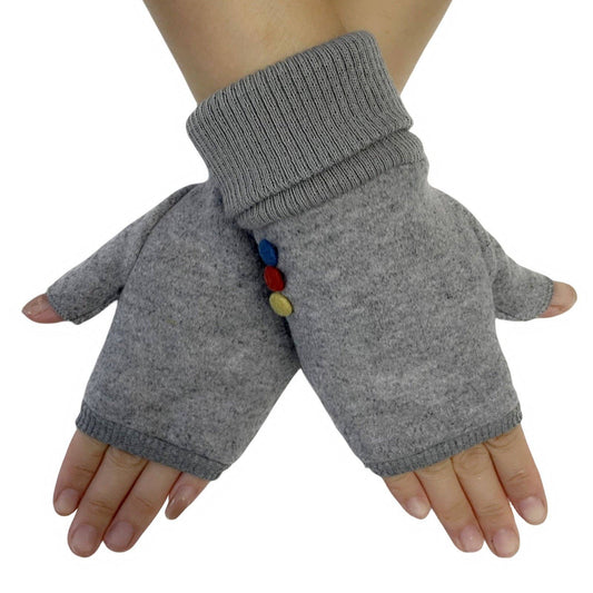 Elasticated Plain Button Fingerless Gloves: Grey