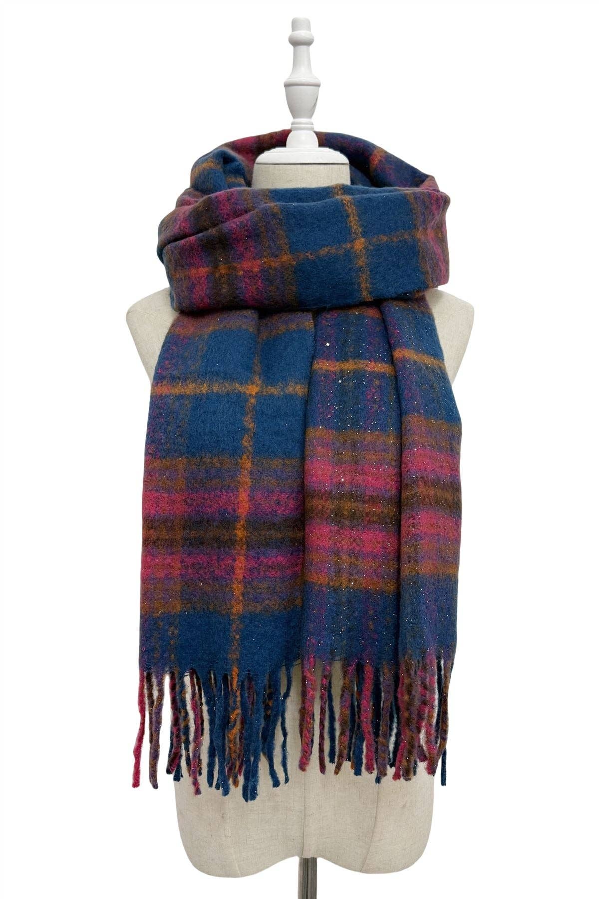 Silver Glitter Check Tassel Scarf: Teal