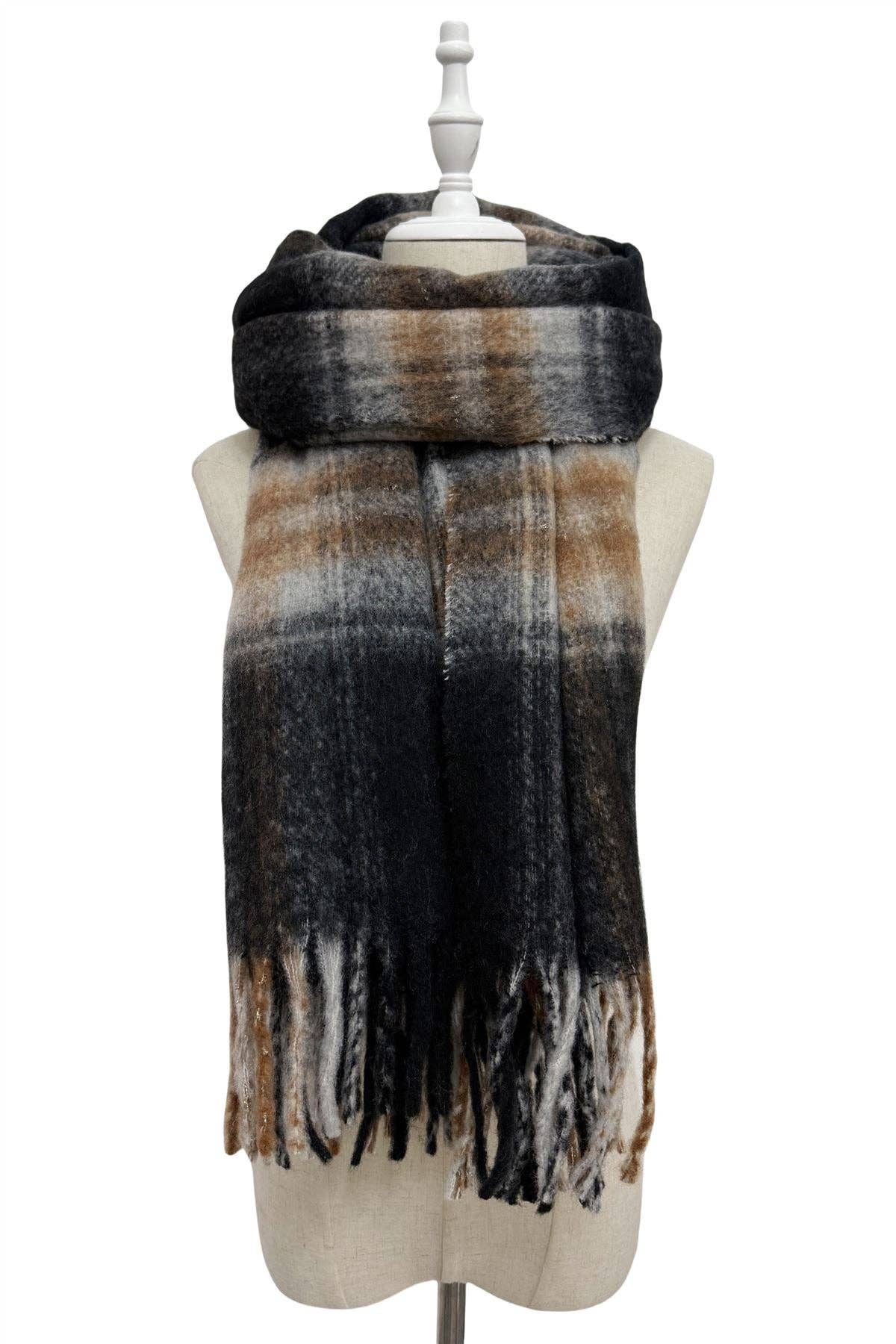 Woven Check Tassel Scarf: Black