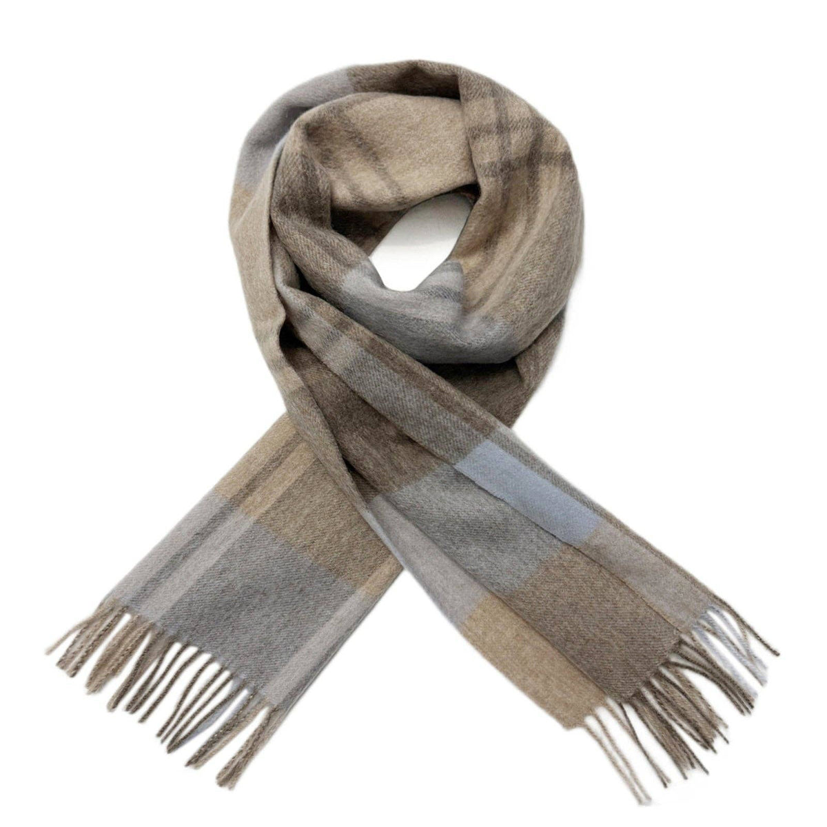 Multi Check Print 100% Wool Tassel Scarf: Beige/Coffee/Sky Blue