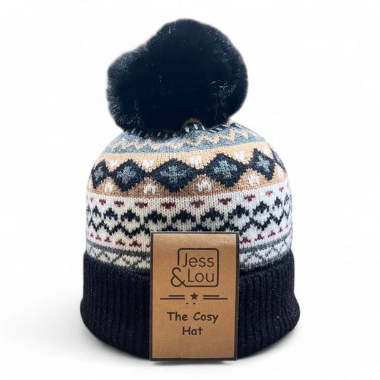 Unisex Black Nordic Cosy Bobble Hat
