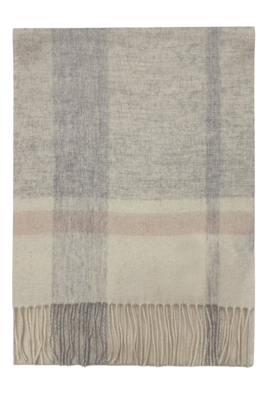 Multi Check Print 100% Wool Tassel Scarf: Beige/Coffee/Sky Blue