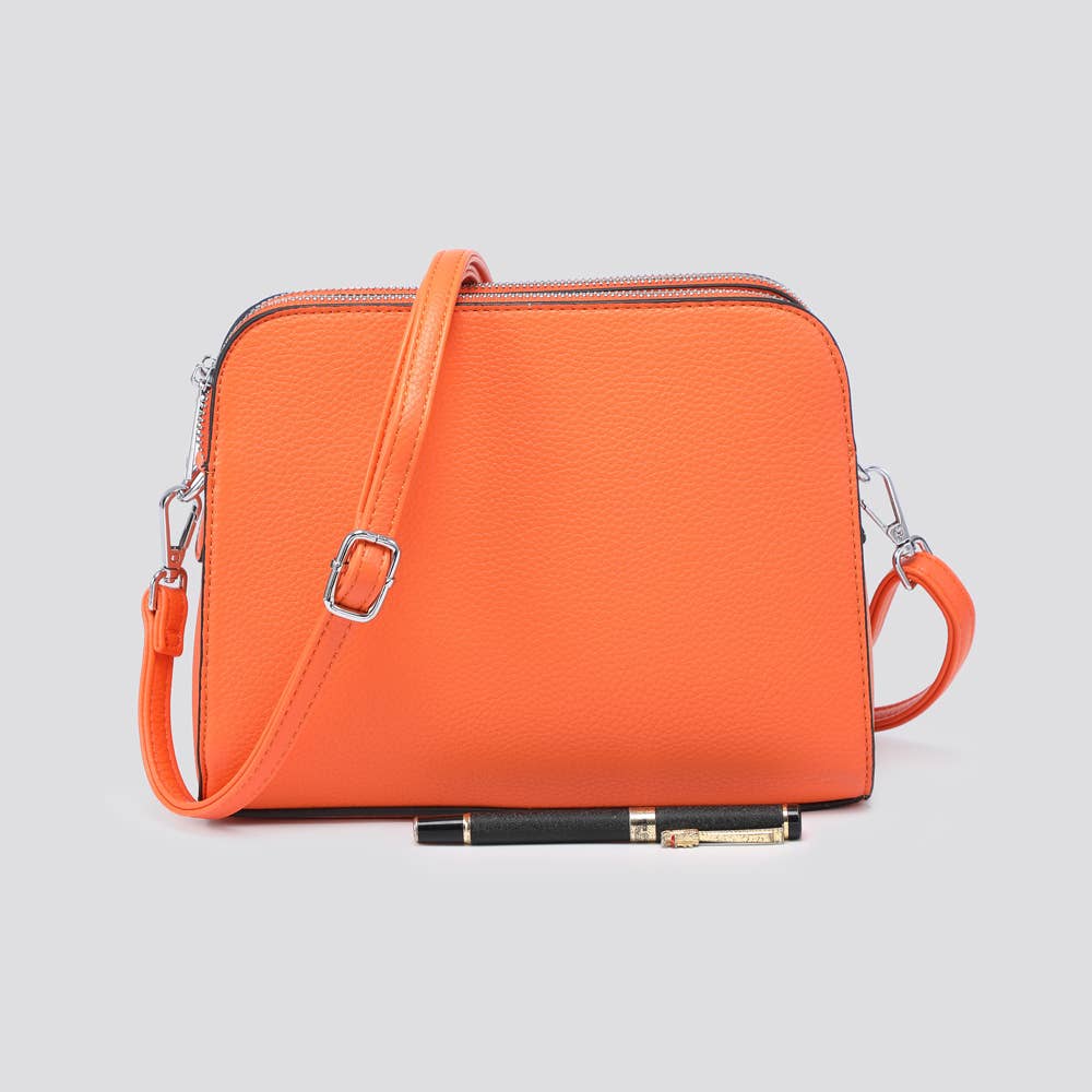 Vegan Leather Triple Compartment Crossbody Bag: Orange