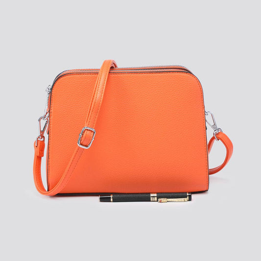 Vegan Leather Triple Compartment Crossbody Bag: Orange