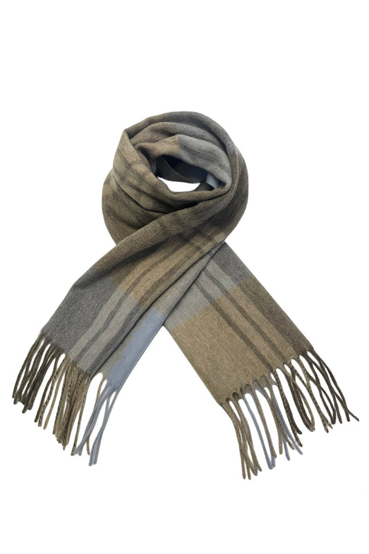 Large Check Wool Tassel Scarf: Sky Blue / Coffee