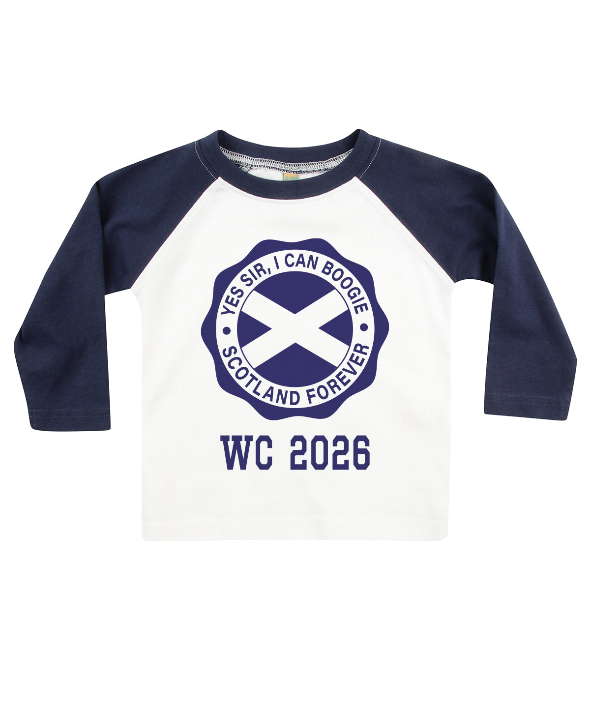 Scotland Forever. Baby, white with navy long sleeve baseball t-shirt