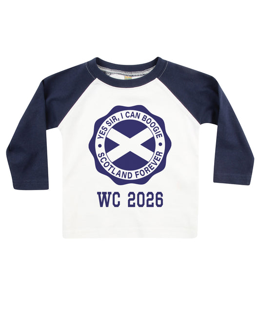 Scotland Forever. Baby, white with navy long sleeve baseball t-shirt