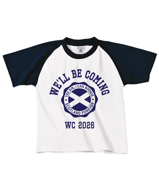 We'll be coming. Kids, white with navy baseball t-shirt